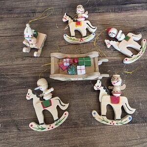 Russ Christmas Tree Wood Ornaments Lot of 6 Rocking Horses‎ Sleighs Vintage